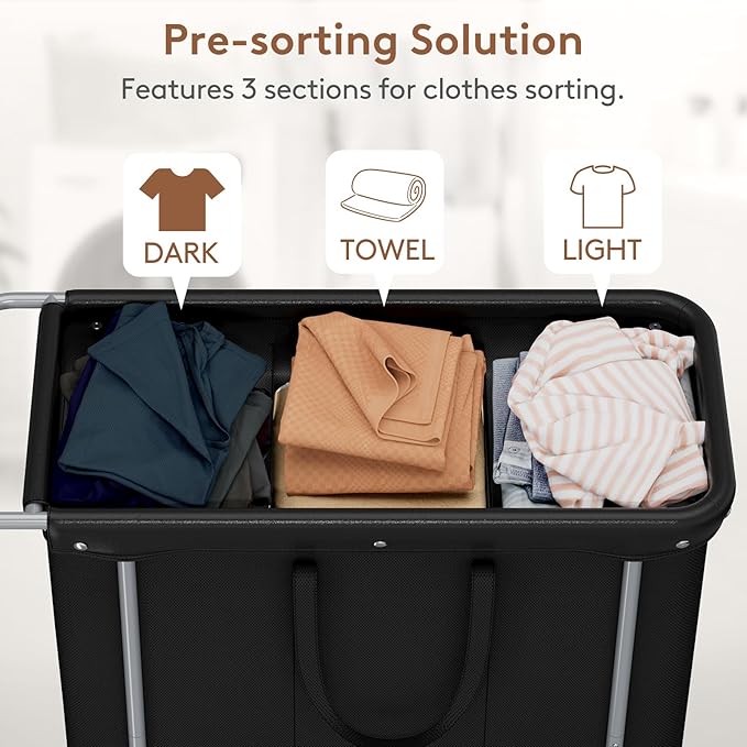 Lifewit 200L Large Laundry Basket with Wheels, Tall 3 Section Laundry Hamper Organizer, Rolling Laundry Cart with Steel Frame & Removable Bag for Luandry Room Bathroom Bedroom, Black