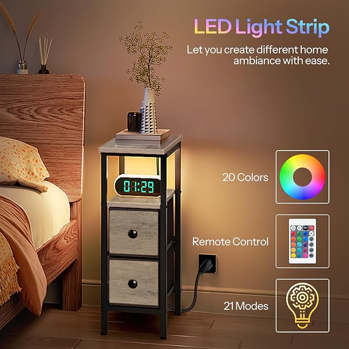 HOOBRO Narrow Side Table with LED Light and USB C Port, Night Stand with Charging Station, Skinny End Table with 2 Fabric Drawers, for Bedroom, Living Room, Greige and Black BG487UDBZ01