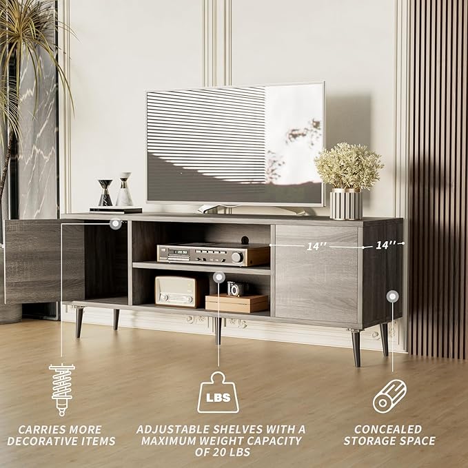 JUMMICO TV Stand for 65 Inch TV, Mid Century Modern TV Stand, Entertainment Center with Storage Cabinet and Open Shelves, TV Console Table Media Cabinet for Living Room, Bedroom and Office (Gray)-NeatNest