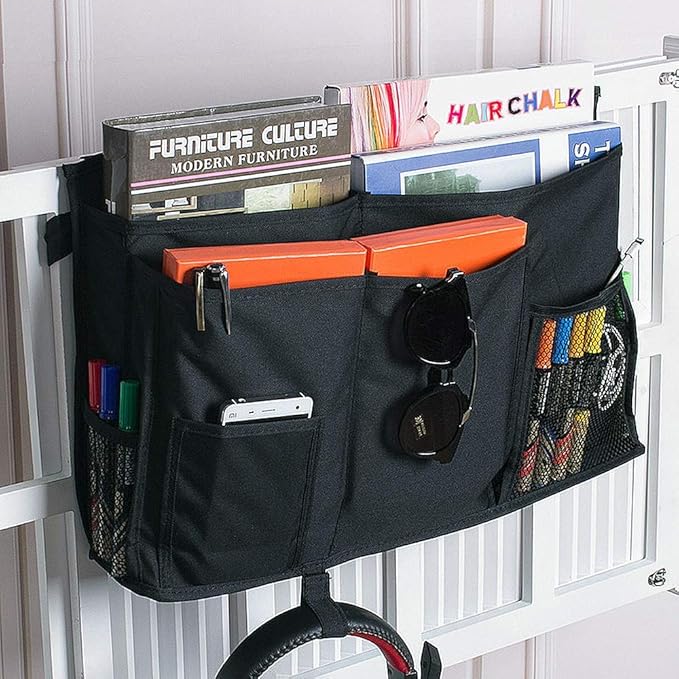 Bunk Bed Organizer, Bedside Storage Caddy, Hanging Pocket for Camp, Dorm Room, Hospital Bed Rail and More (Black)-NeatNest