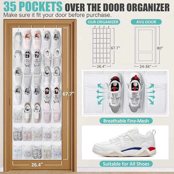 Tiblue Over The Door Shoe Organizer 35 Mesh Pockets Hanging Shoe Organizer Shoe Rack For Door Closet Entryway Bedroom Pantry Organizer - Shoe Holder Hanger For Sneakers, Women High Heeled Shoes White-NeatNest