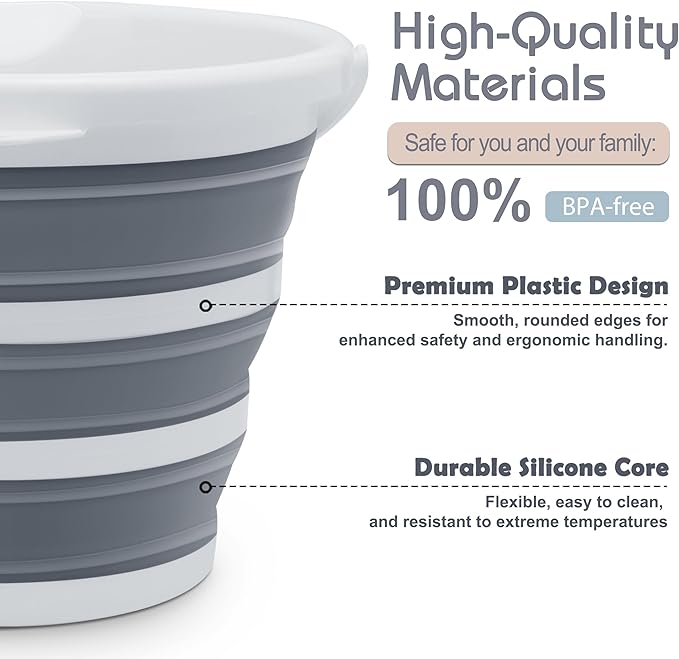2 Pack Collapsible Bucket, 2.6 Gallon (10L) - Foldable Mop Bucket for House Cleaning, Car Washing, Camping - Portable Water Pail for Outdoor, RV, Travel (Grey, Round)-NeatNest
