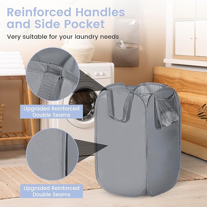 HOUSE AGAIN Upgraded Pop-up Laundry Hamper 2 Pack, Collapsible Laundry Basket with Durable Handles Solid Bottom High Steel Frame, Portable Foldable Dirty Clothes for Dorm, Laundry room Travel, Grey-NeatNest
