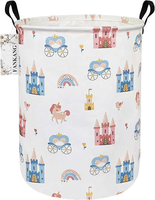 FANKANG Storage Basket, Nursery Hamper Canvas Laundry Basket Foldable with Waterproof PE Coating Large Storage Baskets for Kids Boys and Girls, Office, Bedroom, Clothes,Toys(castle carriage)