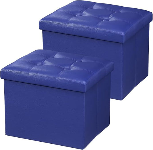 AmasSmile Storage Ottoman Folding Foot Rest Stool, Leather Footstool Bench, Short Ottoman Stool, Storage Foot Rest Store, Books (Blue-2pc, 17" D x 13" W x 13" H)-NeatNest