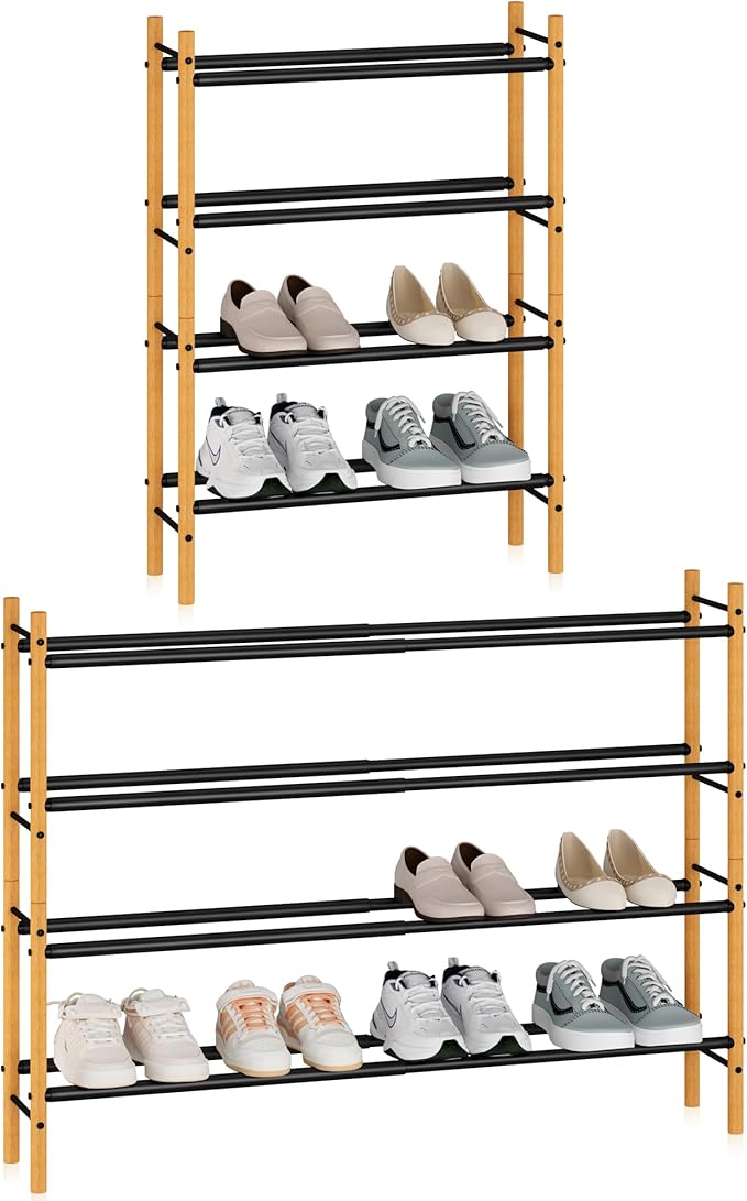 STORAGE MANIAC Expandable Shoe Rack, 12 Pairs Stackable Small Shoe Rack, Metal Adjustable Shoes Organizer for Closet, Entryway, Hallway, Garage, Front Door, Shoes Shelves, Bamboo 3 Tier-NeatNest