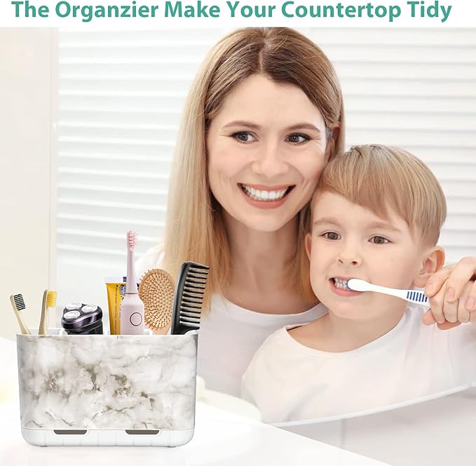Boperzi Electric Toothbrush Holder for Bathroom Organizer Countertop, Detachable Anti-Slip Toothpaste Storage Caddy 6 Slots White Marble with Drainage Holes for Makeup Brush Razor Stand-NeatNest