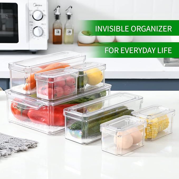 7-Piece Stackable Fridge Organizer Set - Clear Containers with Lids, Perfect for Organizing Vegetables, Fruits, Food, and Drinks