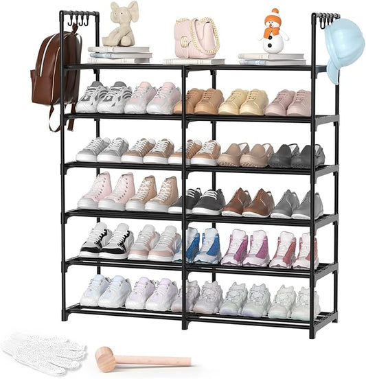 2-Row 6-Tier Shoe Rack, Black Metal Stackable Shoe Shelf with Multifunctional Hooks, Hold 24-30 Pairs, Space Saving Shoes Organizer for Closet,Show Rack-NeatNest