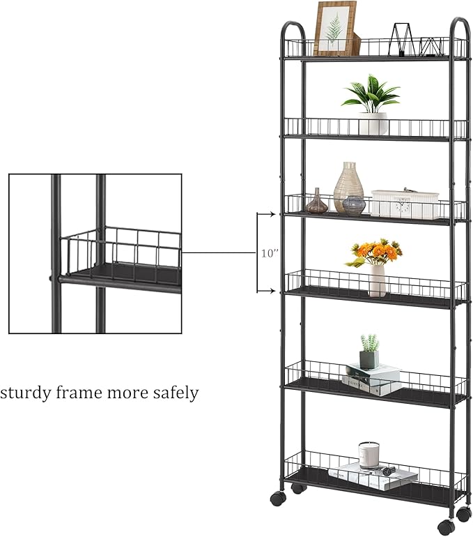 6-Tier Storage Cart Wire Slim Shelving Shelf with Wheels for Small Spaces, Rolling Tall Organizer Storage for Bathroom, Kitchen, Home, Garage, Bedroom, Closet (Black, 6" D)