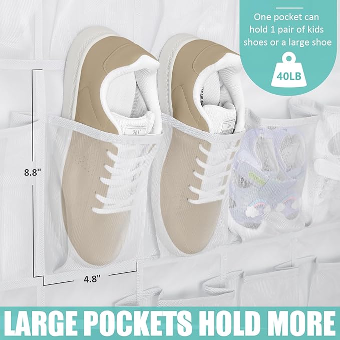 Tiblue Over The Door Shoe Organizer 35 Mesh Pockets Hanging Shoe Organizer Shoe Rack For Door Closet Entryway Bedroom Pantry Organizer - Shoe Holder Hanger For Sneakers, Women High Heeled Shoes White-NeatNest