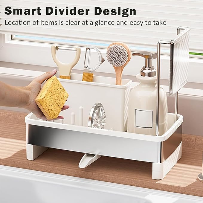 Sponge Holder for Kitchen Sink,Sink Caddy Organizer with Removable Brush Holder,Kitchen Countertop Soap Dispenser Storage with Detachable Towel Rack,White-NeatNest