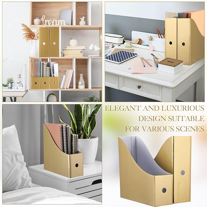 Pasimy 8 Pack Magazine File Holders Cardboard Foldable Magazine Storage Organizer Vintage Gold Kraft File Document Book Storage Boxes for Family School Office Desk Supplies Table Mail Organizer Holder