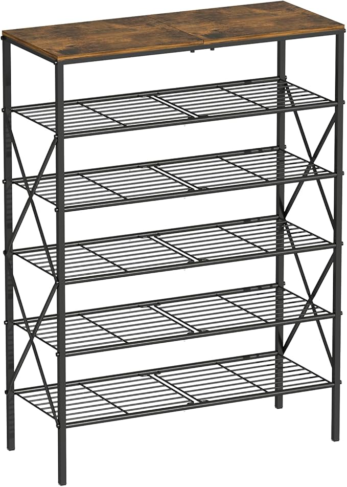 6-Tier Shoe Rack Organizer, Large Capacity Shoe Storage Shelf for Entryway, Closet, Rustic Brown & Black, Metal Mesh Shelves, Holds up to 24 Pairs of Shoes, Easy Assembly, Adjustable Feet-NeatNest