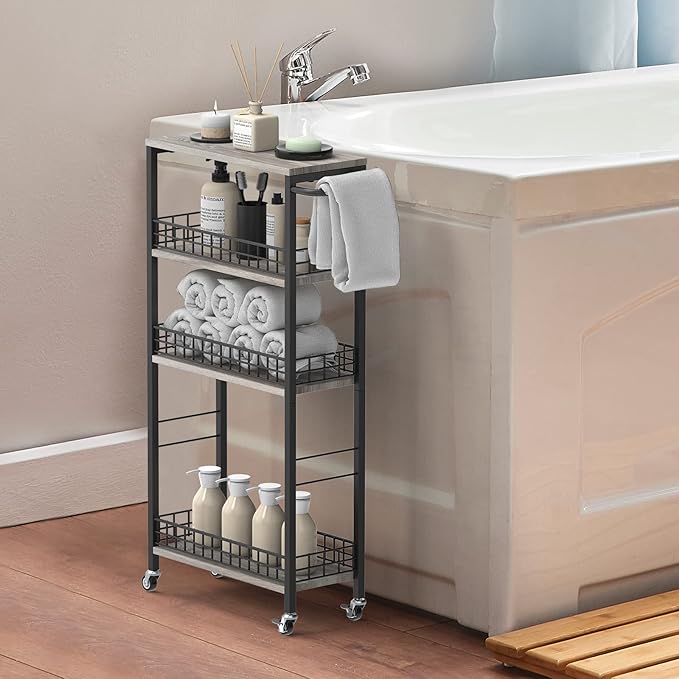 4 Tier Slim Storage Cart Narrow Laundry Cart on Wheels Utility Kitchen Rolling Cart with Wood Tabletop Mobile Shelving Unit Bathroom Storage Organizer Slide Out Rolling Tower for Narrow Spaces-NeatNest
