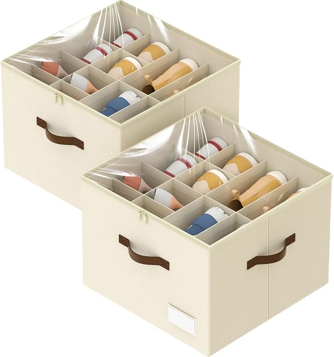 Shoe Organizer for Closet, 2 Pack Shoe Organizer with Clear Cover, Closet Shoe Storage Containers w/Adjustable Dividers, Foldable Storage Bins for Shoes, Fits 16-32 Pairs, Beige-NeatNest