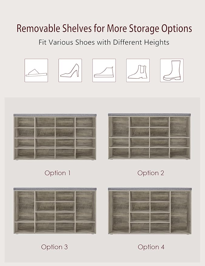 DINZI LVJ Shoe Storage Bench with Cushion, 16-Cubby Shoe Rack, Adjustable Shelves, Multifunctional Shoe Organizer Bench for Entryway, Mudroom, Hallway, Living Room, Bedroom and Garage, Gray Wash-NeatNest