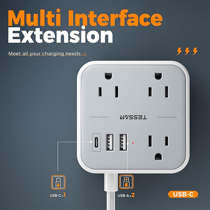 Extension Cord Flat Long Power Strip 15 FT, TESSAN Surge Protector Power Strip with USB Ports (1 USB C), Flat Wall Outlet Extender with 3 Outlets for Home, Office, School, Dorm Room Essentials-NeatNest