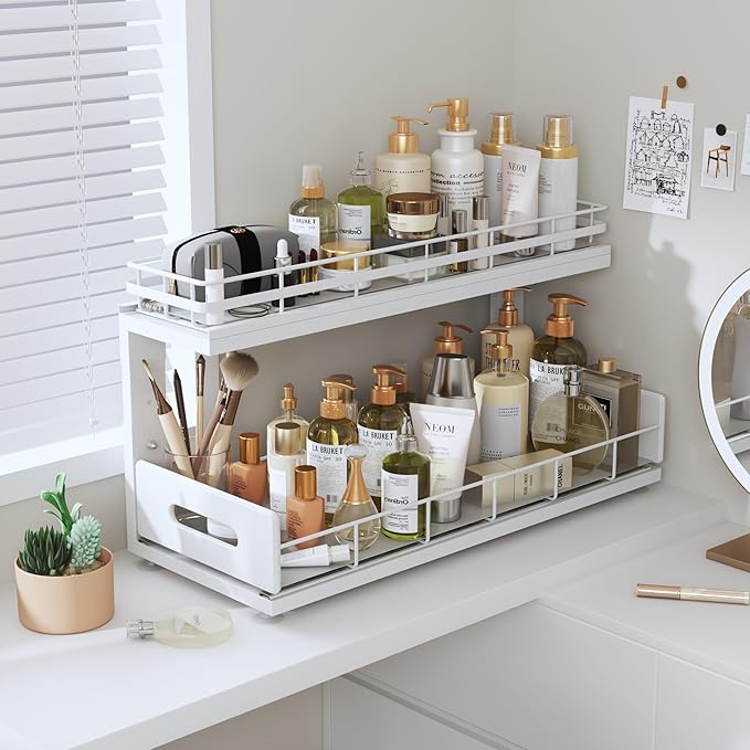 2 Pack 18 IN Depth Under Sink Organizer with Smooth Ball Bearing Slides,2-Tier Pull Out Cabinet Storage,Slide Out Drawers for Bathroom&Kitchen,Rust-resistant Coating,Height Adjustable-White-NeatNest