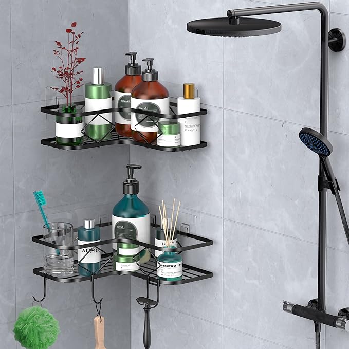 Kadolina Large Corner Shower Caddy, 2 Pack Adhesive Bathroom Shower Organizer Shelves, No Drilling Rustproof Wall Mounted Shower Storage Basket Shampoo Holder Organizer (Black)