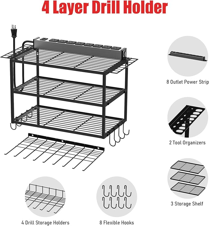 JUNNUJ Tool Organizer with Charging Station, 4 Layers Wall Mount Garage Tools Storage with 8 Outlets Power Strip, 4 Drills Holder Battery Heavy Duty Metal Shelf, Utility Rack with Hooks, Black