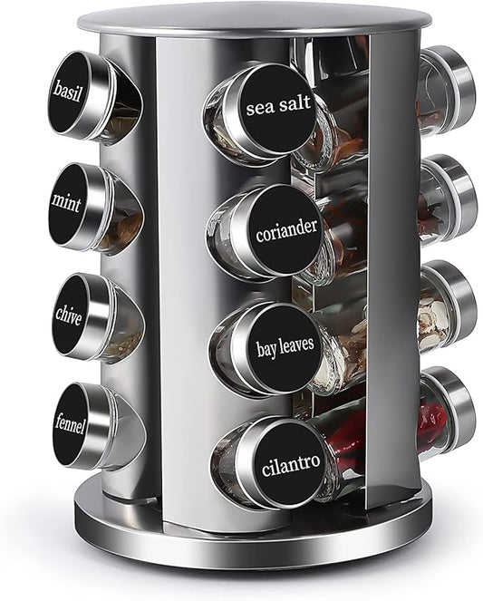 DOUBLE 2 C Revolving Countertop Spice Rack Stainless Steel Seasoning Storage Organization,Spice Carousel Tower for Kitchen Set of 16 Jars (16Jars)-NeatNest