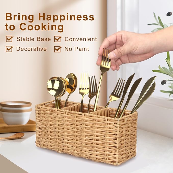 Ayiaren Wicker Flatware Silverware Caddy Cutlery Holder Kitchen Silverware Organizer Storage for Countertop Small Utensil Holders Party Table Spoon Knives Fork Holder Flatware Utensils Caddy Basket-NeatNest