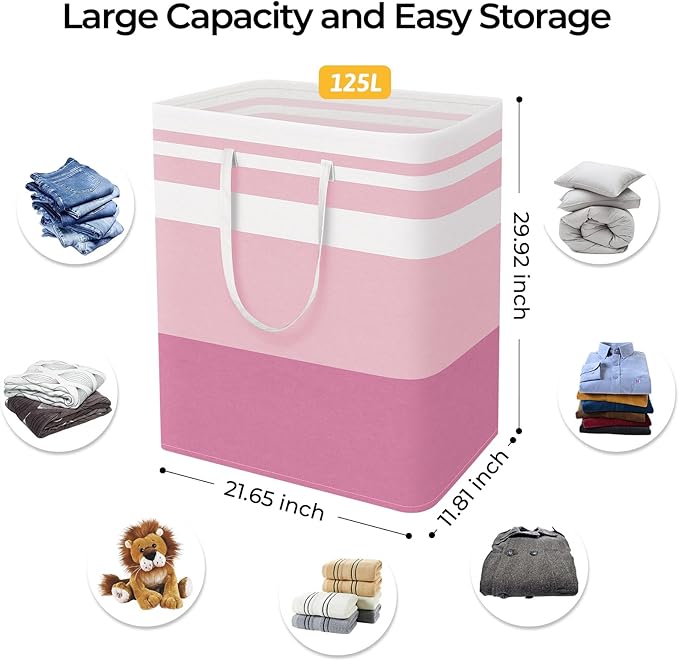 HomeHacks 2 Pack Large Laundry Baskets, Waterproof, Freestanding Laundry Hampers, Collapsible Clothes Hamper with Reinforced Handles in Laundry, College Dorm, Bathroom, Bedroom (Pink, 125Lx2)-NeatNest