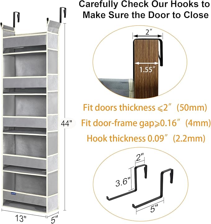 2 Pack Over The Door Hanging Organizer 5-Shelves and 10 Side Pockets, Over The Door Storage for Bathroom and Bedroom, Back of Door Organizers for Baby Products and Kid's Toys(13"x5"x44" Grey)