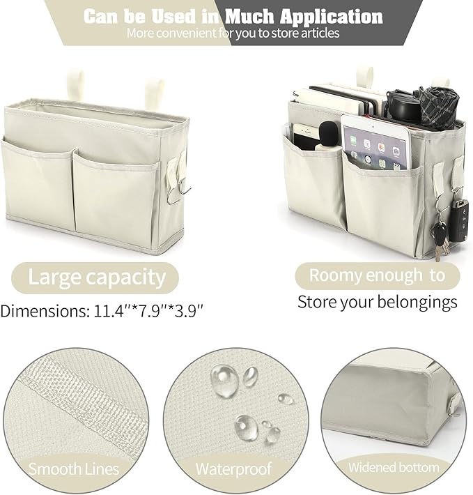 Bunk Bed Organizer, Bedside Caddy Hanging Bed Organizer Storage Bag with 4 Pockets and 2 Hooks, for College Dorm Rooms Bed, Hospital Bed, Baby Bed Rails, 600D Oxford Cloth (Beige)-NeatNest