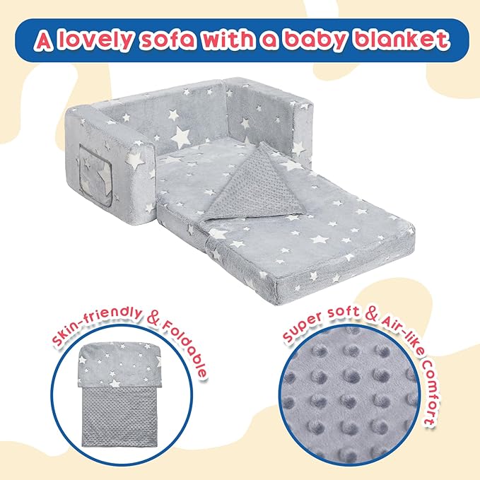 ALIMORDEN Fold Out Toddler Couch, Extra Wide Comfy 2-in-1 Cuddly Sherpa Sofa for Kids, with Removable Baby Friendly Blanket, Convertible Sofa to Bed, Star-NeatNest