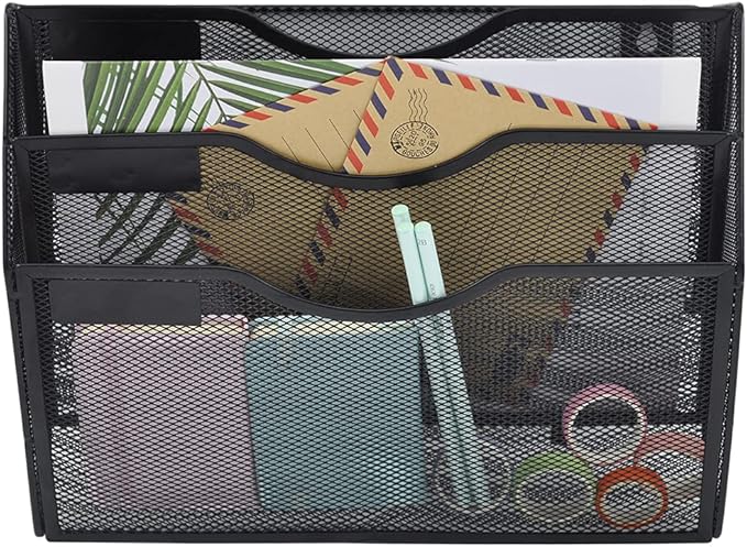 COSYAWN Wall File Holder 3 Pocket Mesh Hanging Wall Organizer Vertical Hanging File Folder Holder Magazine Rack with Nametag Label for Mail Paper Organization,Black-NeatNest