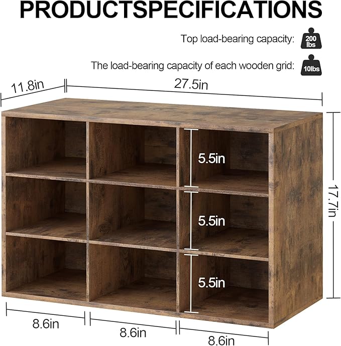 Garden 4 you Shoe Storage Bench, Cubby Shoe Rack with 9 Cubbies, 3-Tier Wood Shoe Rack Organizer, Shoe Organizer Cabinet for Entryway, Hallway, Closet and Garage, Brown-NeatNest