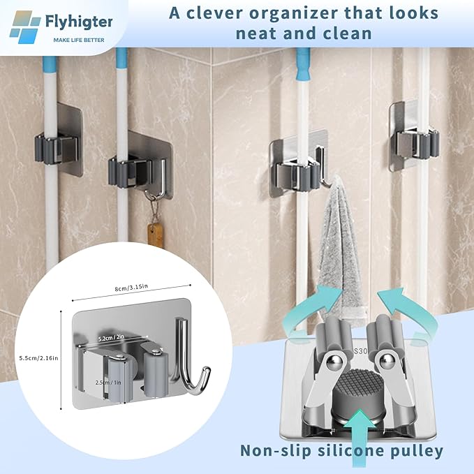 5 Pack Heavy Duty Mop and Broom Holder Wall Mount, No Drill Self Adhesive Stainless Steel Hanger with Hooks, Anti-Slip Tool Organizer for Bathroom, Kitchen, Garage, Laundry Room (5, Silver)