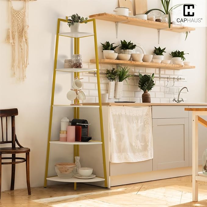 CAPHAUS Tall Corner Shelf Stand, 4-Tier Display Shelves, Ladder Corner Wood Storage Plant Bookshelf with Metal Frame, Versatile Shelving Unit Bookcase for Home Office Space, Gold-NeatNest