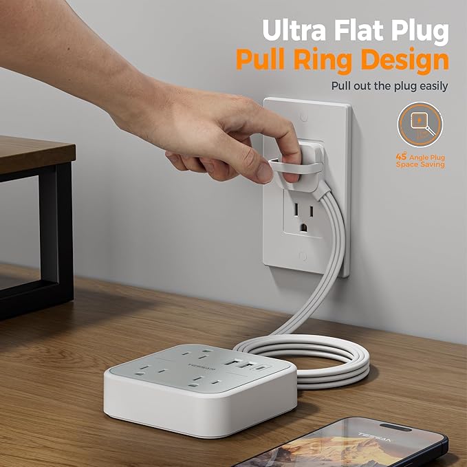 Cruise Essentials, TESSAN Flat Plug Travel Power Strip, Non Surge Protector for Cruise Ship, 3 Outlets 3 USB (1 USB C), 5 FT Extension Cord Small Power Strip with Ring Pull, Portable for Travel-NeatNest