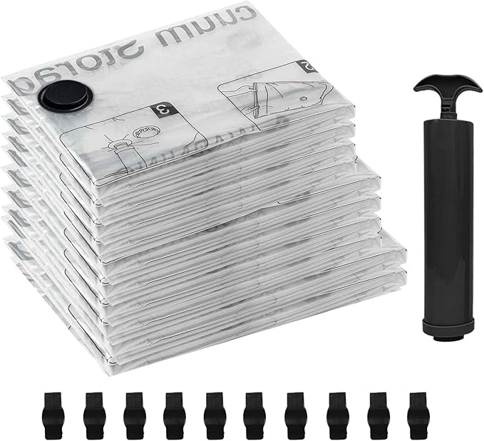 10 Pack Vacuum Seal Bags for Clothing - 2 Large, 4 Medium, 4 Small Vacuum Storage Bags with Hand Pump, Travel Essentials for Home Organization and Space Saving Storage-NeatNest