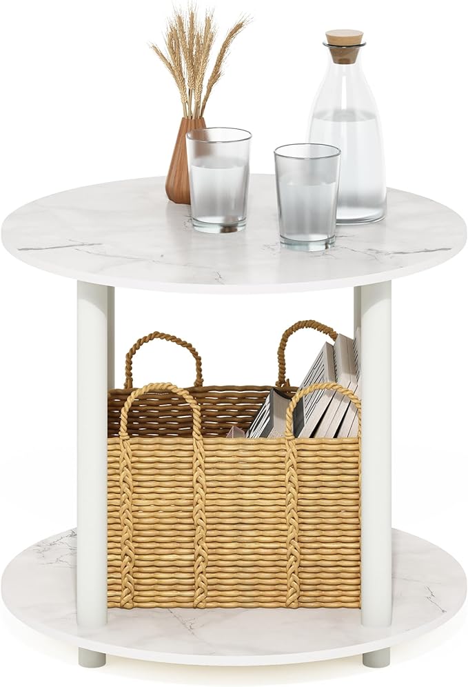 Furinno Turn-N-Tube Simple Design 2-Tier Round Wooden Small Coffee Table, Marble White-NeatNest