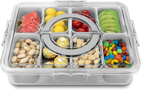Divided Serving Tray with Lid and Handle,8 Compartments Snacks Box,Snack Fruit and Veggie Tray,Portable Platter for Candy Fruits Nuts Snack Party Entertaining Picnic (1 PCS Grey)-NeatNest