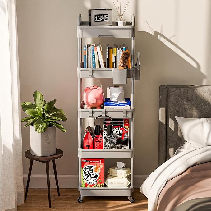 5 Tier Rolling Cart Organizer,Bathroom Cart Organizers with Wheels Laundry Room Organization Mobile Shelving Unit Utility Cart Storage Shelves Multi-Functional for Office, Home(Grey)-NeatNest