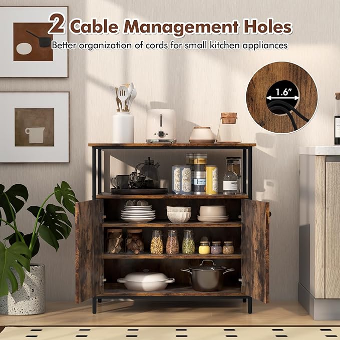 Buffet Cabinet, Industrial Storage Cabinet with Doors and Shelves, Wood Buffets & Sideboards, Farmhouse Coffee Bar, Rustic Console Table for Kitchen, Dining Living Room, Entryway-NeatNest