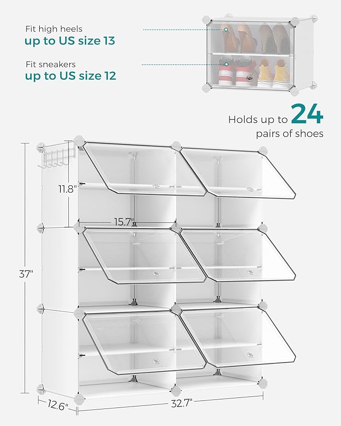 SONGMICS Shoe Rack Organizer, 6-Tier Shoe Storage Cabinet for Closet and Entryway, Holds 24 Pairs of Shoes, Adjustable, White ULPC033W01-NeatNest