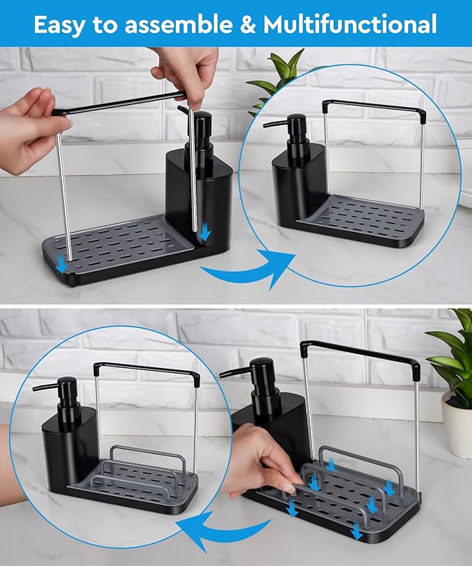 Hand and Dish Soap Dispenser Set with Tray, Dual Soap Dispenser with Sponge Holder and Dishcloth Holder 5-in-1 Organizer for Kitchen Sink Countertop Storage Organize - Useful Kitchen Gadgets (Black)-NeatNest