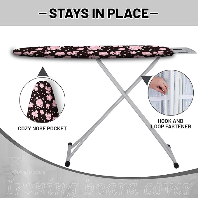 Extra Thick Ironing Board Cover and Pad, Cherry Blossoms 15x54 Ironing Board Cover, Resist Scorching and Staining,Elastic Edges,Pink Floral Leaves Spring Flower White
