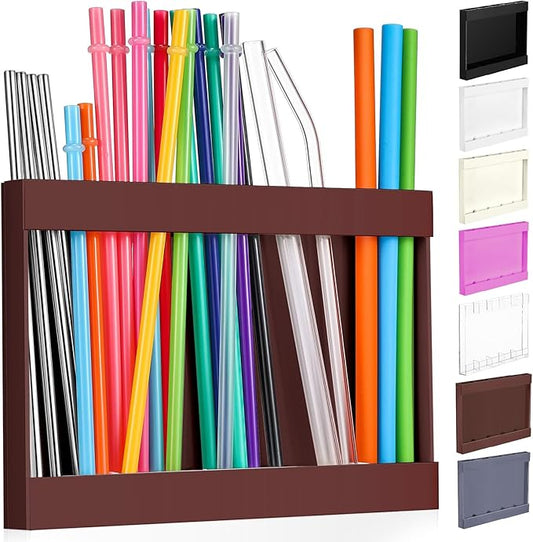 Acrylic Straw Holder for Cabinet Door with Double Sided Adhesive Tape Reusable Straw Organizer Tumbler Storage Kitchen Accessories Container for Counter Cupboard(Classic,Large,Brown)
