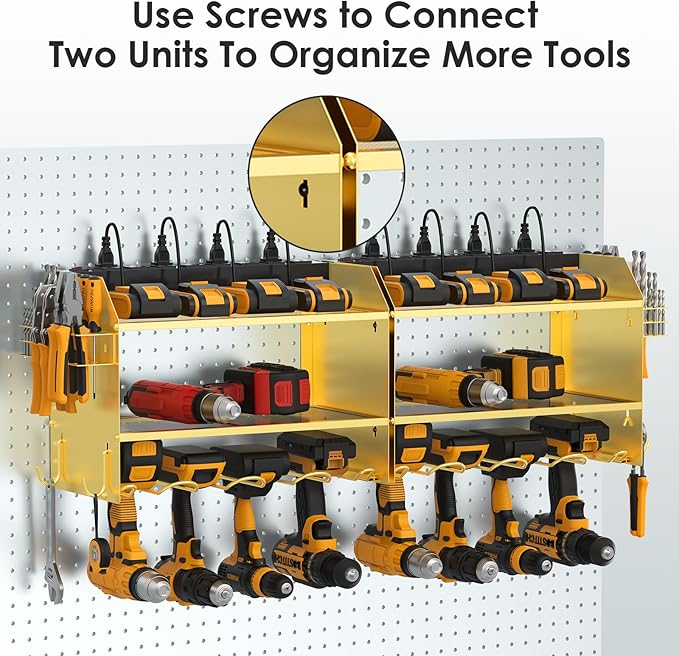 CCCEI Modular Power Tool Organizer Wall Mount with Charging Station. Garage 4 Drill Storage Shelf with Hooks, Drill Bit Heavy Duty Rack, Gold Tool Battery Holder Built in 8 Outlet Power Strip.-NeatNest