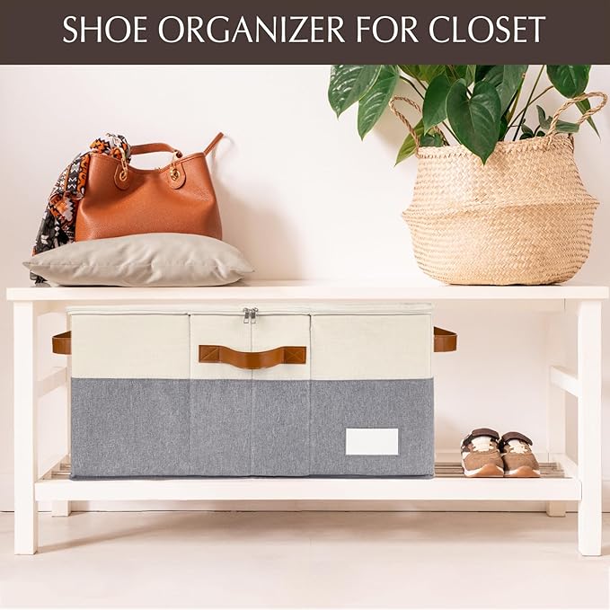 2 Pack Shoe Organizer for Closet, Adjustable Shoe Box Storage Containers, Large Foldable Shoe Bins with Clear Cover, Space Saving Shoes Holder with 4 Handles, Fits 24-48 Pairs, Beige-NeatNest
