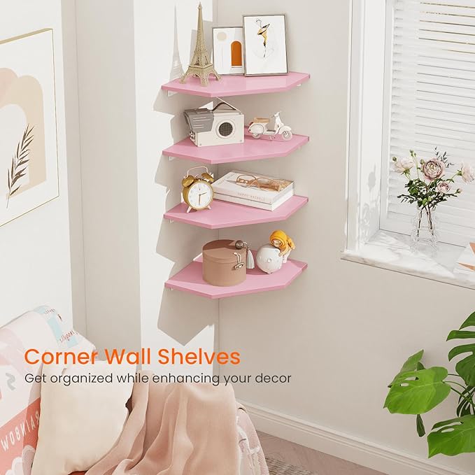 Homode Corner Shelf Wall Mount, Set of 4 Corner Floating Shelves, Wood Hanging Storage Shelving with Cord Hole, Wall Shelf Organizer for Bathroom Bedroom Living Room Office, Pink-NeatNest
