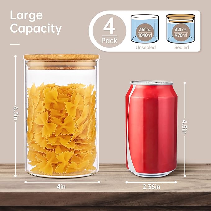 32oz - 4 Pack Glass Jars with Bamboo Lids, Glass Pantry Storage Containers with Airtight Lids, Round Air Tigh Food Storage Canisters for Cereal, Pasta, Flour, Sugar, Rice, Best for Kitchen Organizer-NeatNest