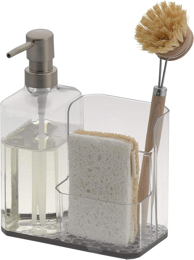 Spectrum HEXA Sponge & Brush Organizer With Soap Pump, Kitchen Sink Organizer With Refillable Soap Pump, Sponge & Dish Brush Holder Easy-Clean Sink Organization & Dish Brush Holder with Removable Base